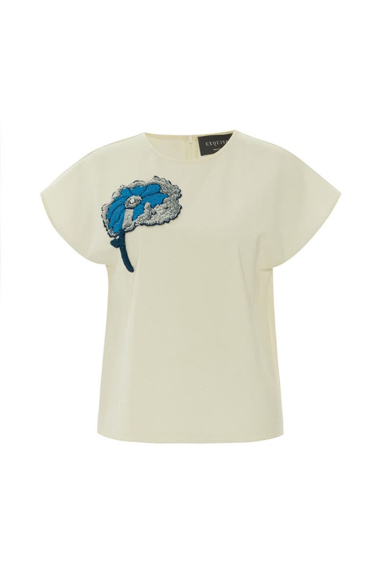 Embroidered Detail Crew Neck T Shirt, Alternate, color, BONE