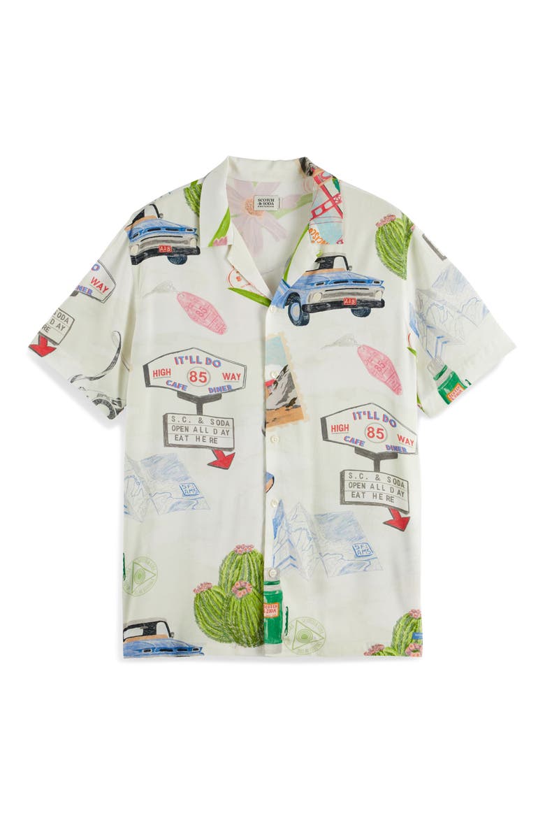 Road Trip Print Short Sleeve Camp Shirt, Main, color, LIGHT BEIGE