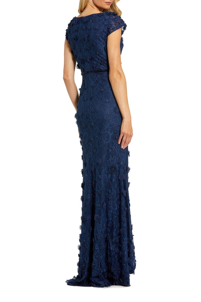 Petite Floral Applique Boat Neck Cap Sleeve Gown, Alternate, color, Midnight