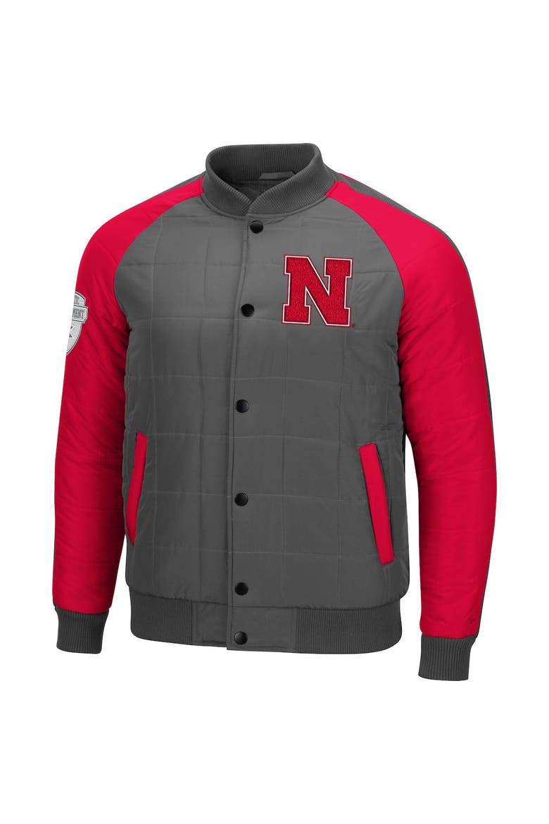 Men's Colosseum Charcoal/Scarlet Nebraska Huskers 1940s Bomber Raglan Full-Snap Jacket, Alternate, color, Charcoal
