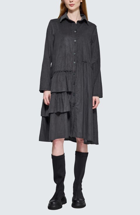 Isolde Ruffled Cord Velvet Shirt Dress