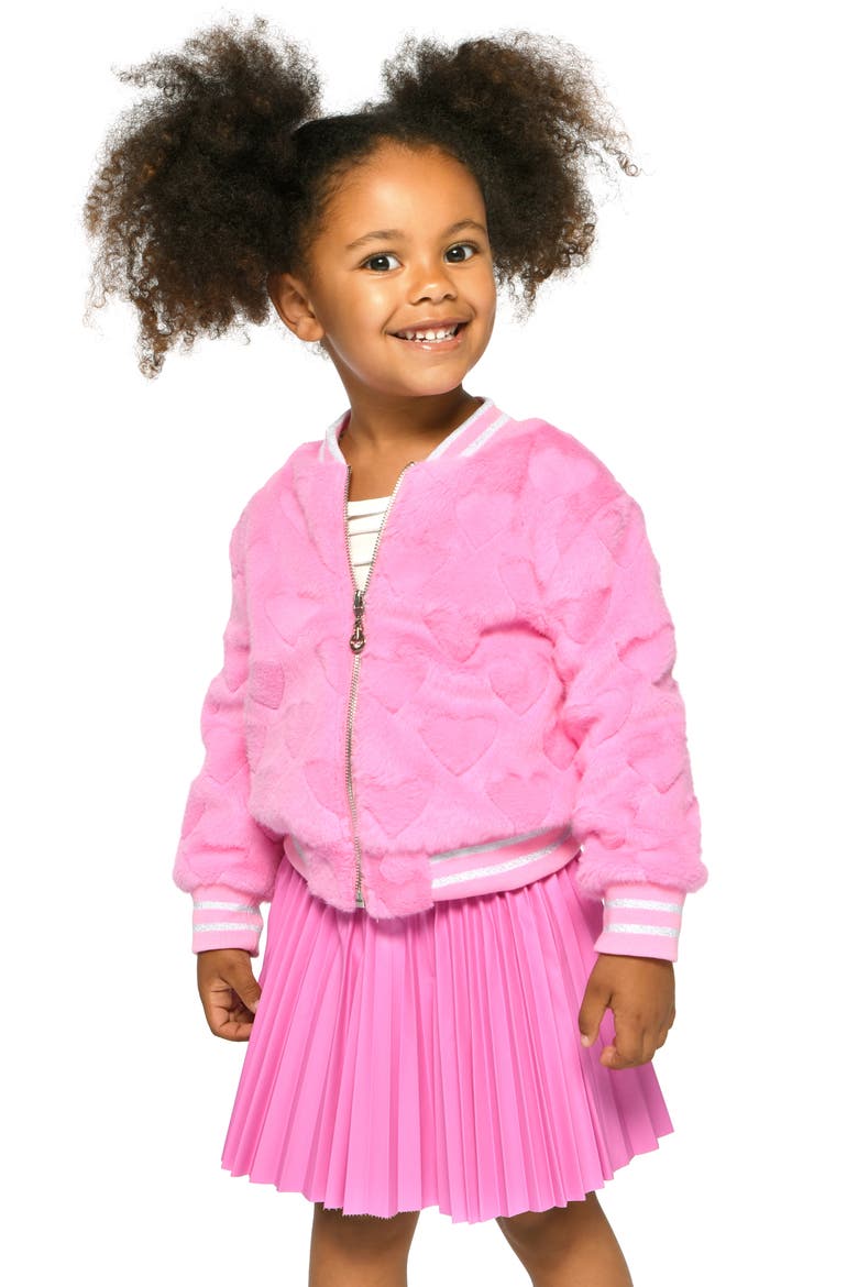 Kids' Faux Fur Heart Bomber Jacket, Alternate, color, PINK