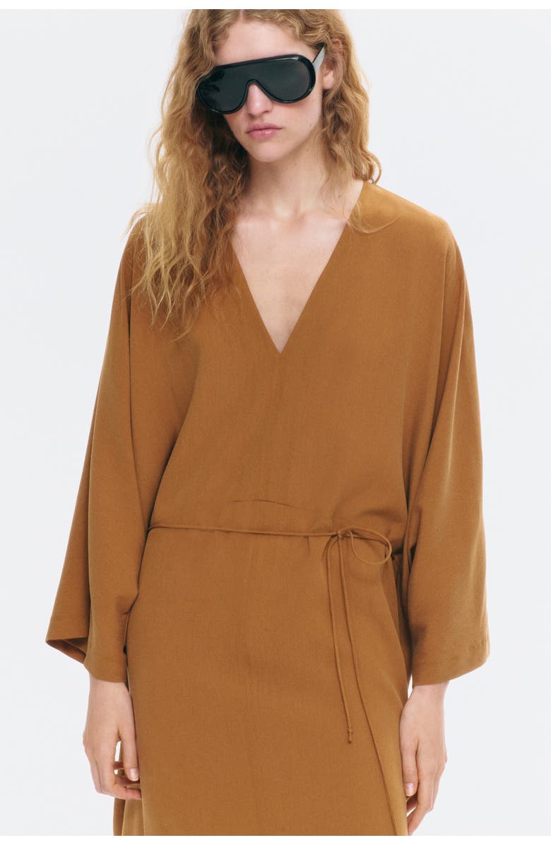 H&M Tie-detail Crêpe Dress, Alternate, color, Dark Beige