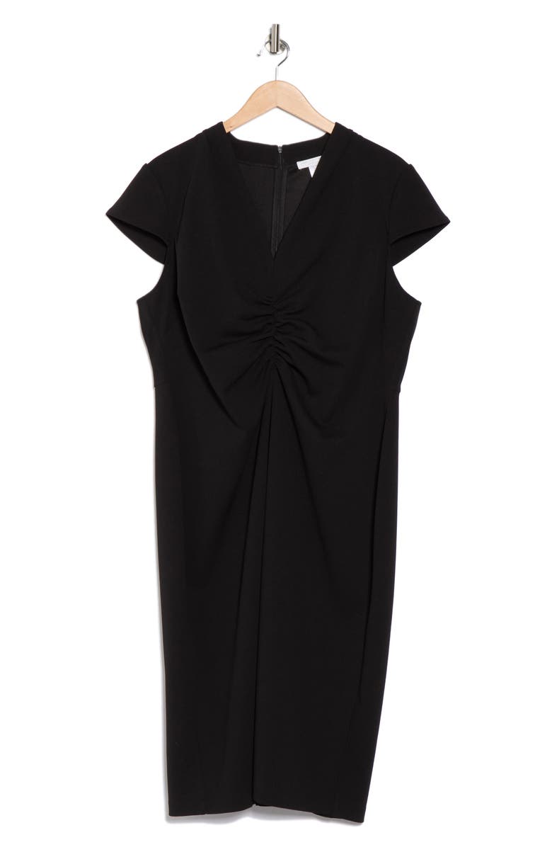London Times Center Ruched Cap Sleeve Midi Dress, Alternate, color, Black