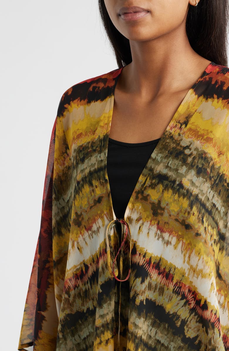 Anne Klein Printed Asymmetric Tie Front Cardigan, Alternate, color, Olive Palm Multi