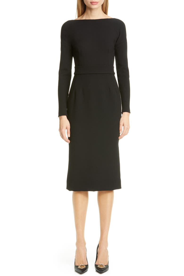 Bow Back Long Sleeve Wool Blend Crepe Dress, Main, color, BLACK
