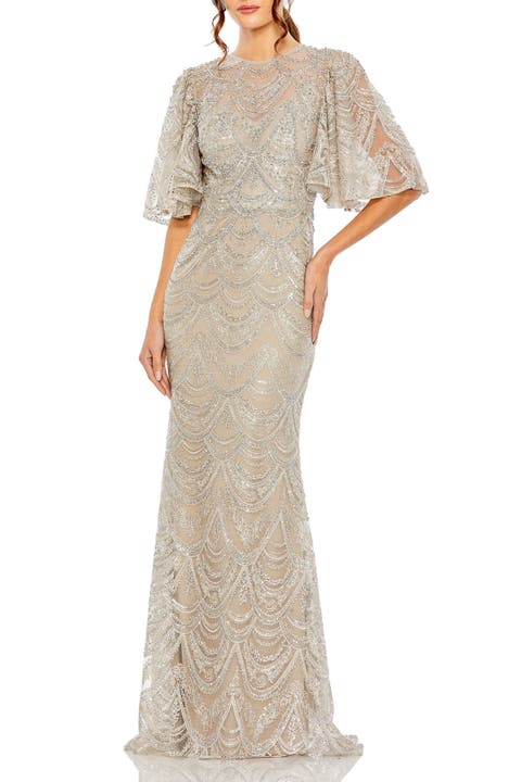 Flutter Sleeve High Neck Gown