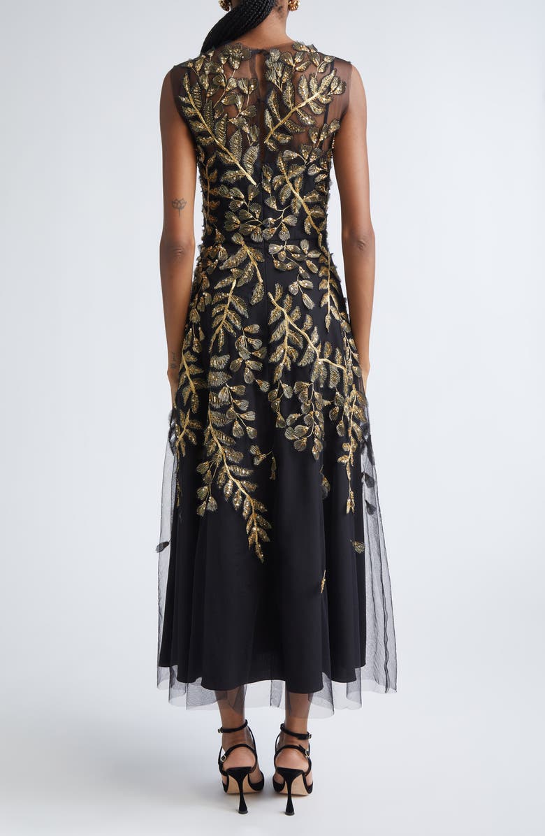 Carolina Herrera Metallic Leaf Embroidered Tulle Gown, Alternate, color, Black/ Gold