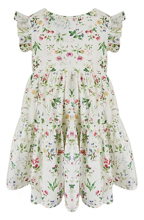 Floral Print Flutter Sleeve Cotton Dress (Baby)