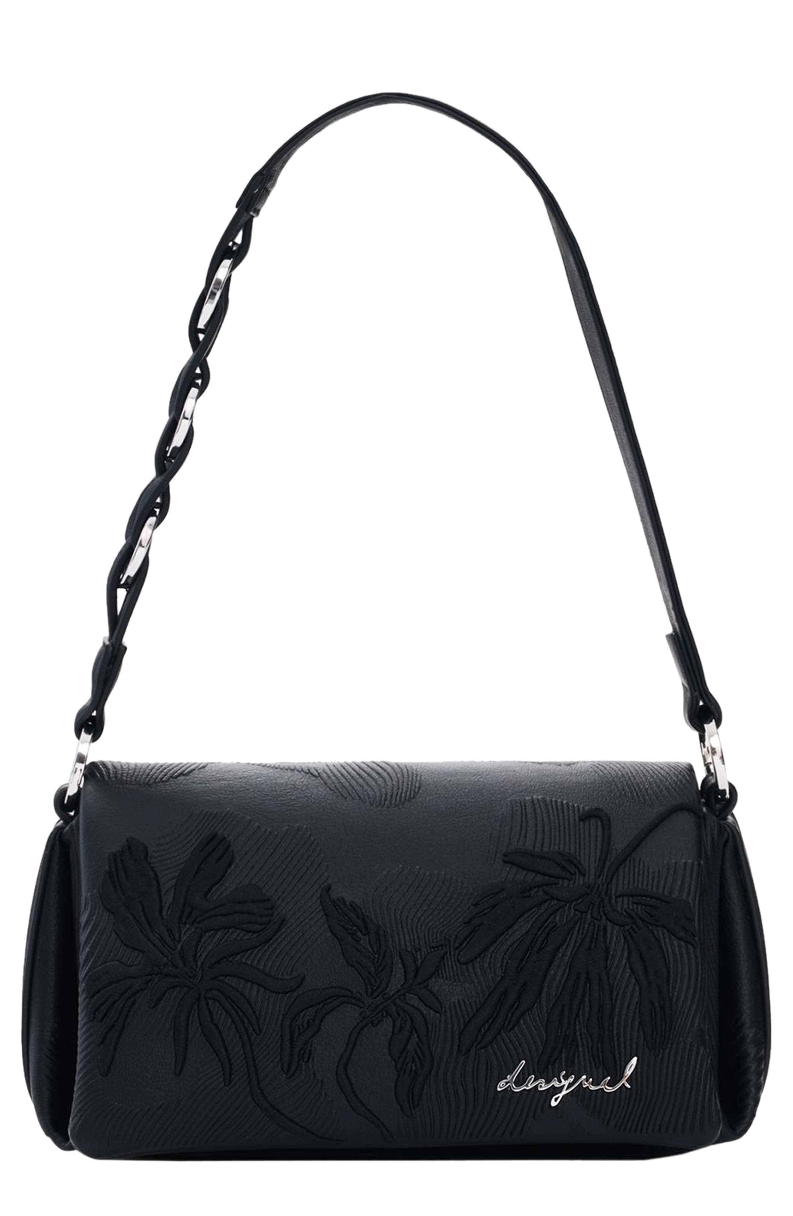 Desigual Floral Embossed Faux Leather Crossbody Bag, Main, color, Black