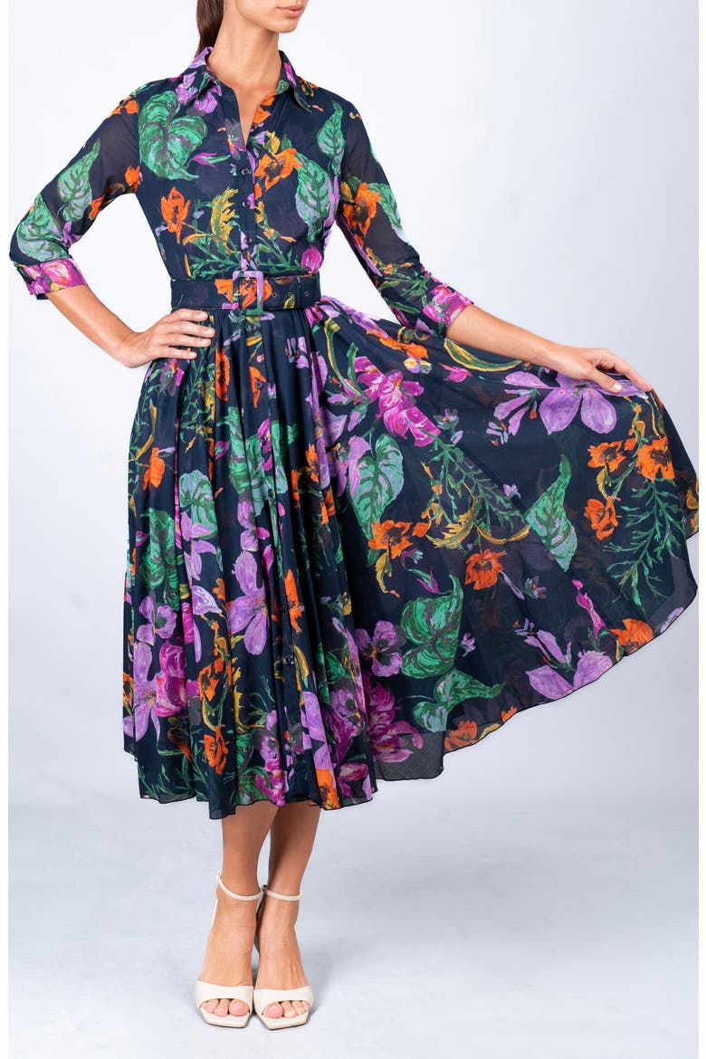 Gogh Summer A-Line Belted Shirtdress, Alternate, color, Navy
