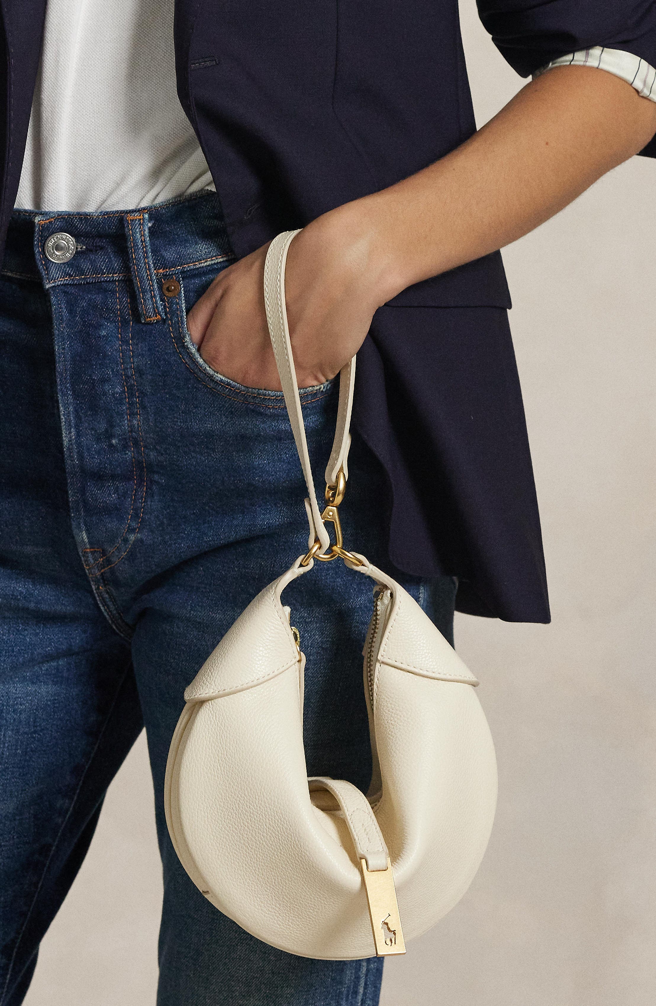 Polo Ralph Lauren Small Polo ID Grain Leather Shoulder Bag, Alternate, color, Ivory