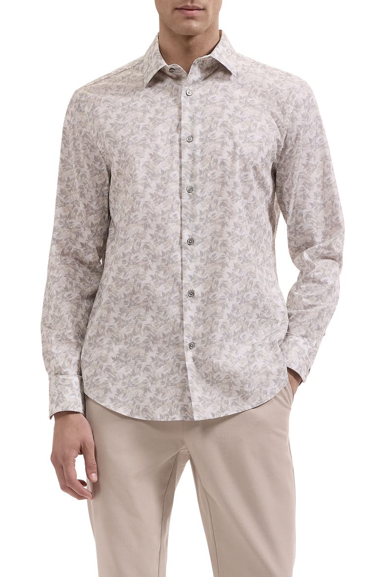Julian Shaped Fit Leaf Print Stretch Button-Up Shirt, Main, color, LIMESTONE