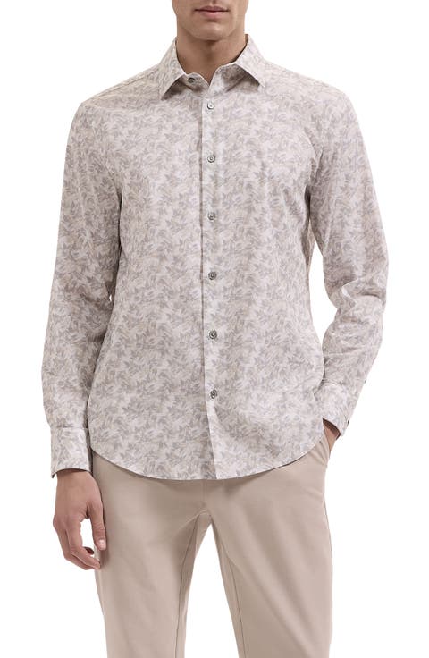 Julian Shaped Fit Leaf Print Stretch Button-Up Shirt