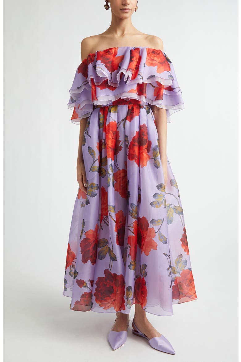Rose Print Off the Shoulder Silk Organza Midi Dress, Main, color, VIOLETA MULTI