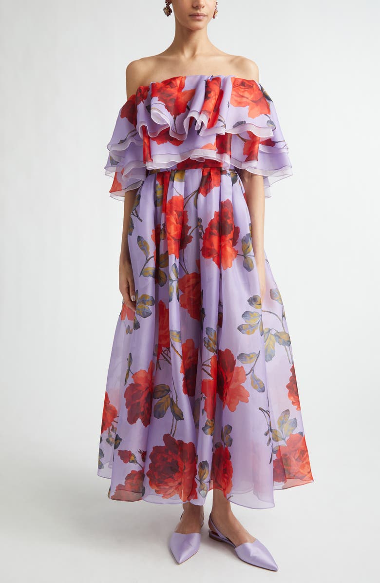 Carolina Herrera Rose Print Off the Shoulder Silk Organza Midi Dress, Main, color, Violeta Multi