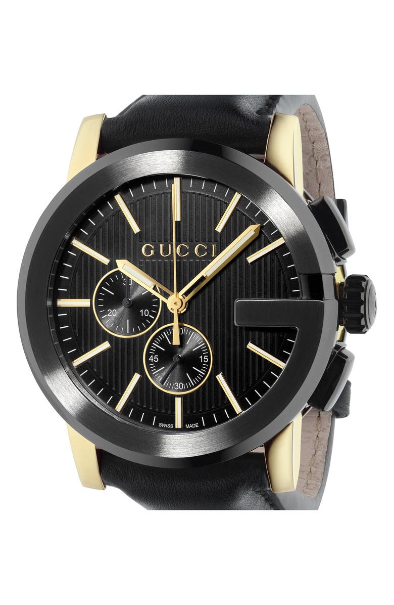 Gucci 'G-Chrono' Guilloche Dial Leather Strap Watch, 44mm, Alternate, color, 