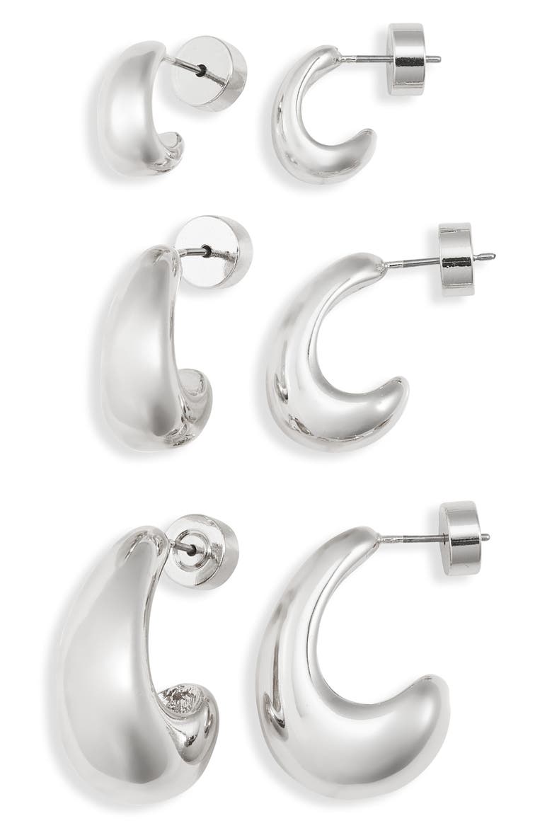 Set of 3 Wide J-Hoop Earrings, Main, color, SILVER