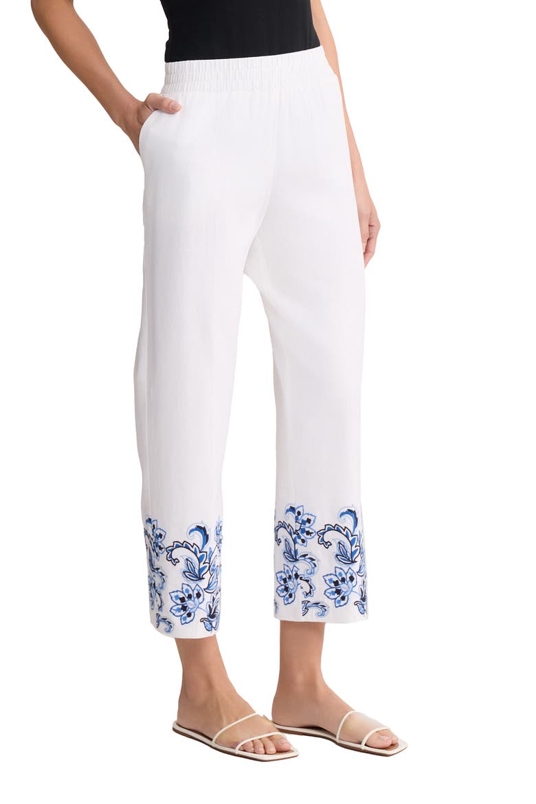 Embroidered Hem Crop Linen Blend Pants, Alternate, color, BLUE HORIZON