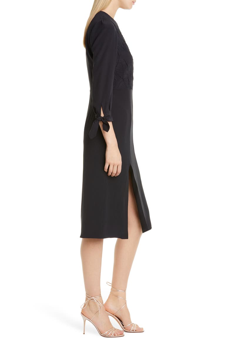 Side Slit Leaf Cloqué Silk Dress, Alternate, color, BLACK