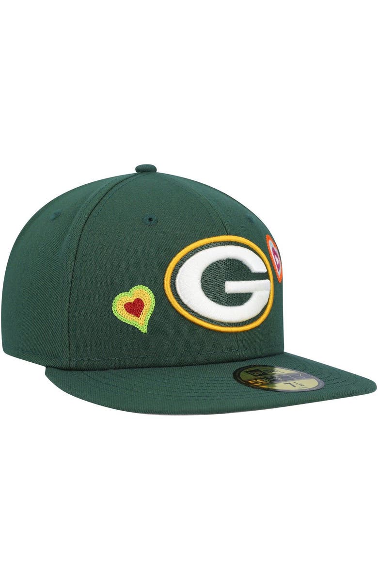 New Era Men's New Era Green Green Bay Packers Chain Stitch Heart 59FIFTY Fitted Hat, Alternate, color, Green