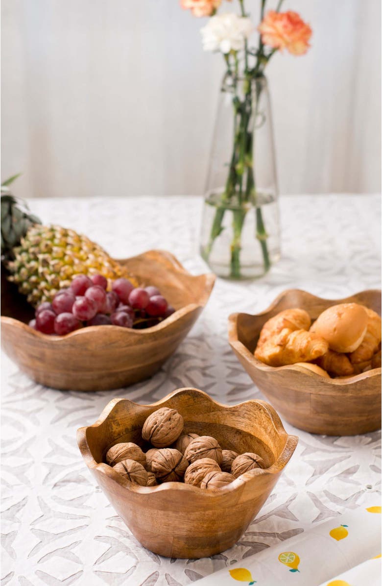 Mela Artisans Scalloped Mangowood Bowls Large, Alternate, color, Brown