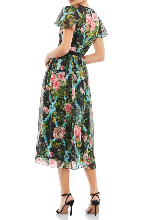 Mac Duggal Floral Illusion Cap Sleeve Midi Dress In Black Multi