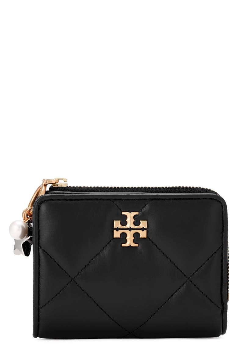 Kira Charm Diamond Quilted Leather Bifold Wallet, Main, color, BLACK