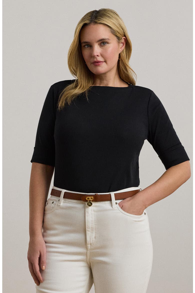 Stretch Cotton Boat Neck Tee, Alternate, color, POLO BLACK