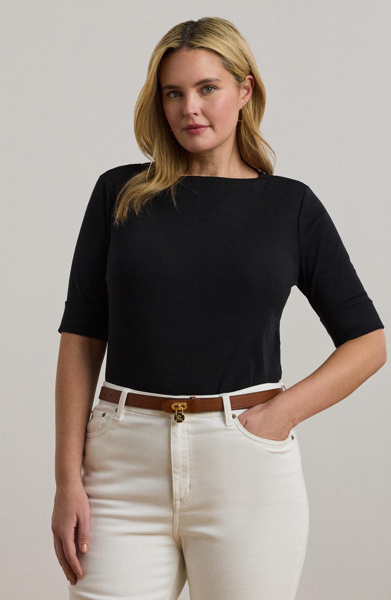 Lauren Ralph Lauren Judy Elbow Sleeve Boat Neck Stretch Cotton Top, Alternate, color, Polo Black