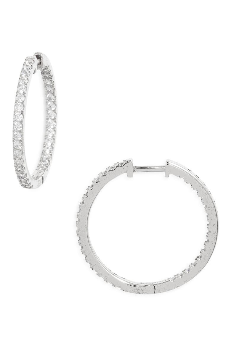 Pavé Cubic Zirconia Hoop Earrings, Main, color, PLATINUM PLATED