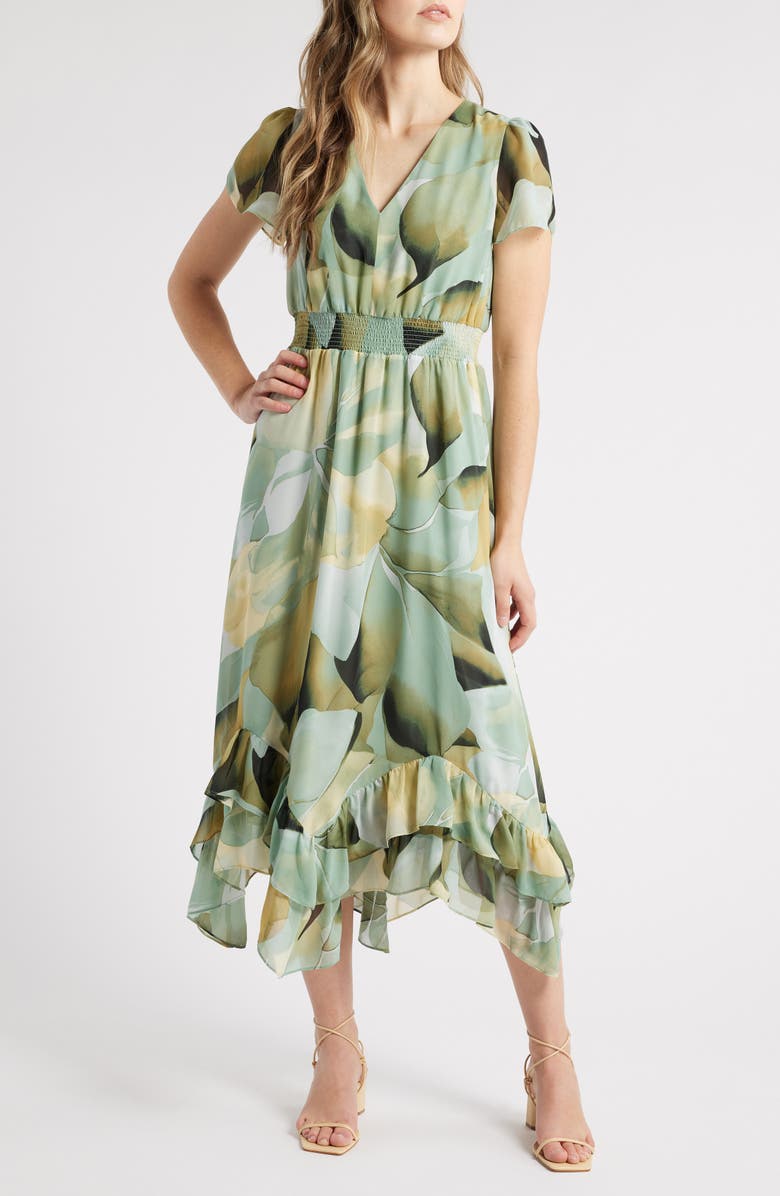Anne Klein Abstract Print Handkerchief Hem Chiffon Dress, Main, color, 