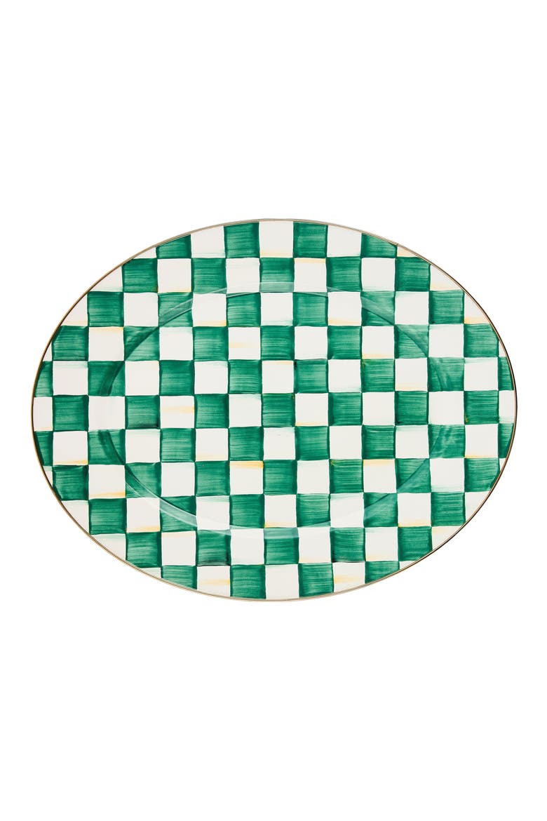 Emerald Check Large Enameled Steel Oval Platter, Main, color, EMERALD