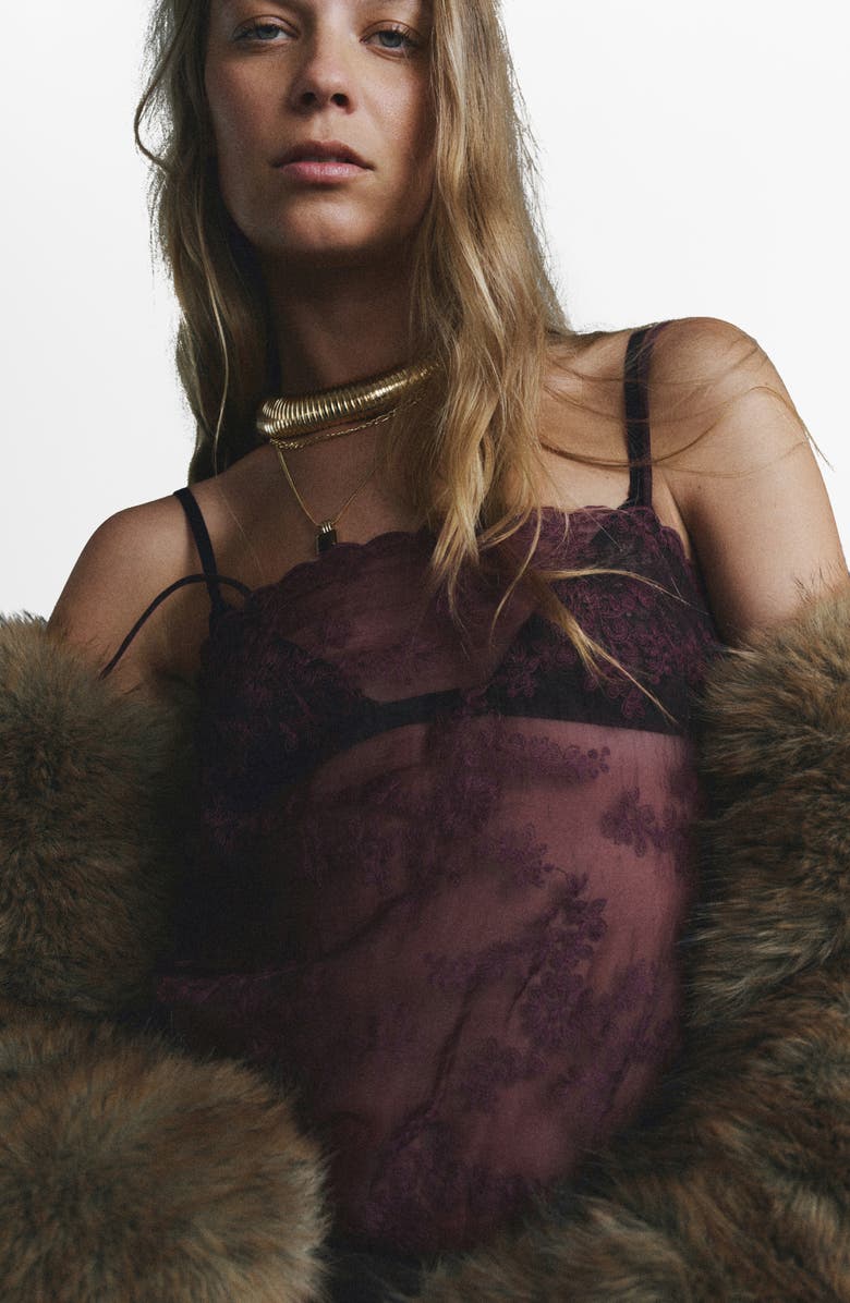 MANGO Embroidered Sheer Camisole, Alternate, color, Burgundy