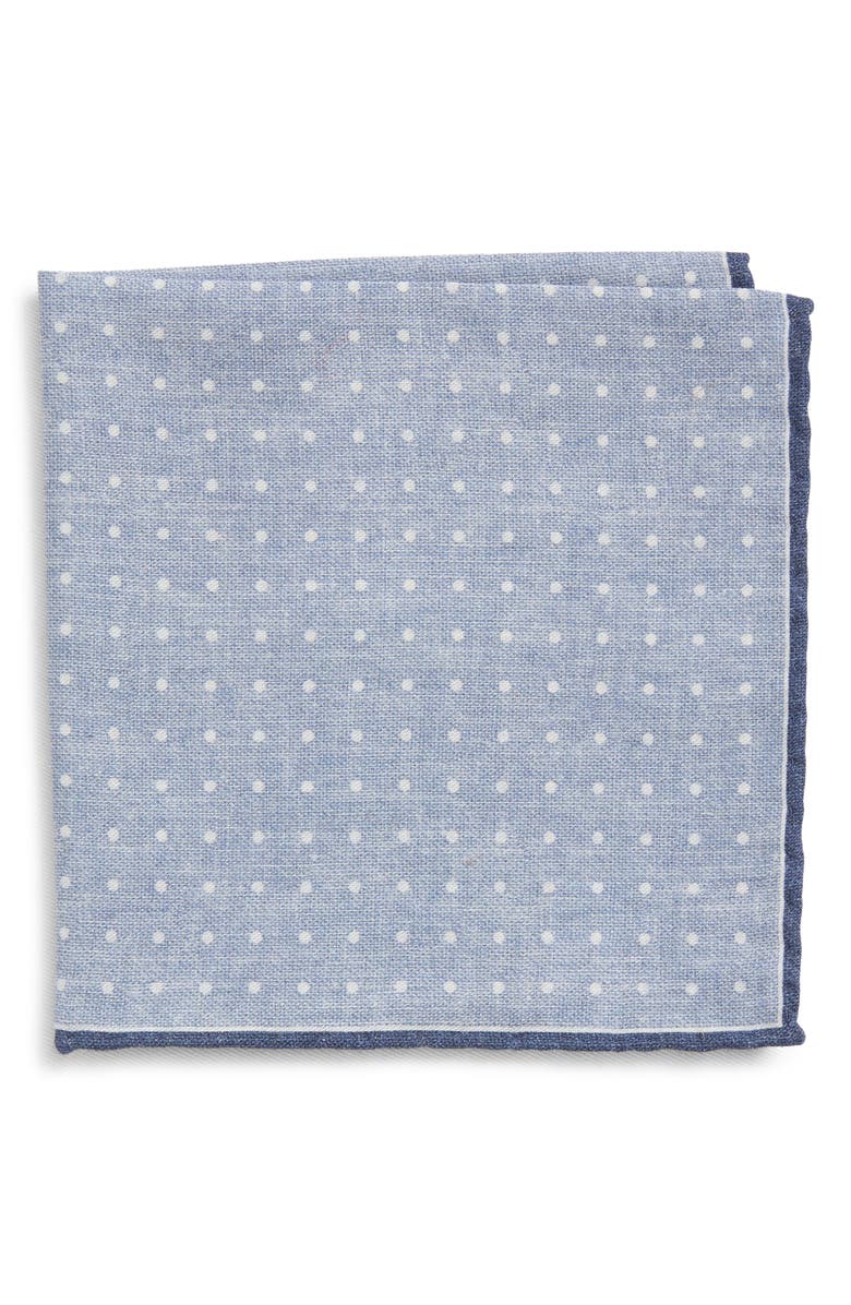 Eleventy Polka Dot Wool & Cotton Muslin Pocket Square, Main, color, Denim/ Ivory