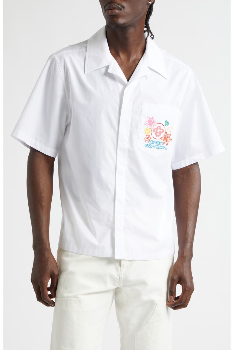 Graphic Icons Embroidered Cotton Camp Shirt, Main, color, PLAIN SHIRTING