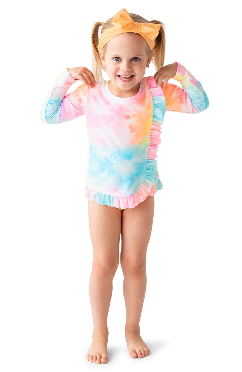 RuffleButts Kids' Rainbow Tie Dye Long Sleeve Two-Piece Rashguard Swimsuit, Alternate, color, 