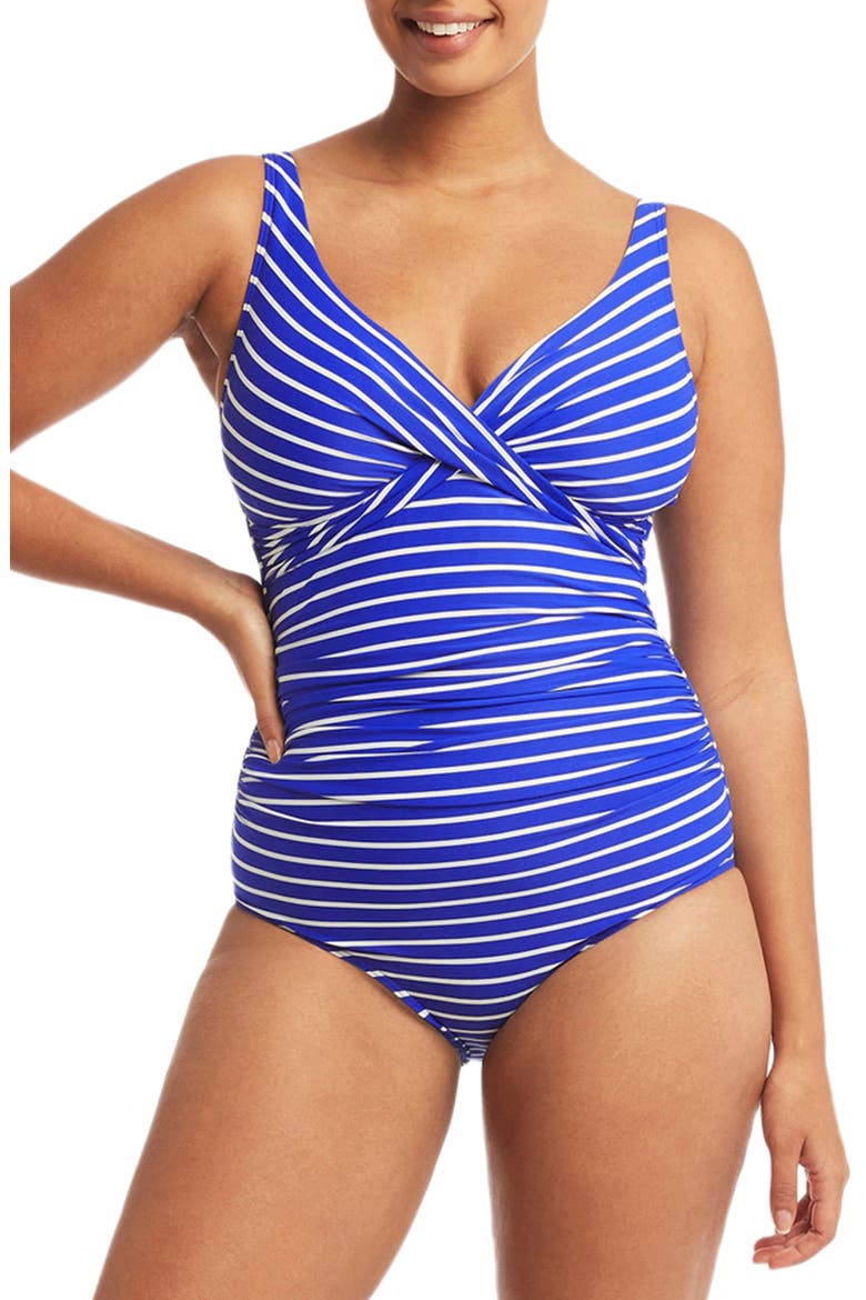 Stripe Cross Front Multifit One-Piece Swimsuit, Main, color, COBALT