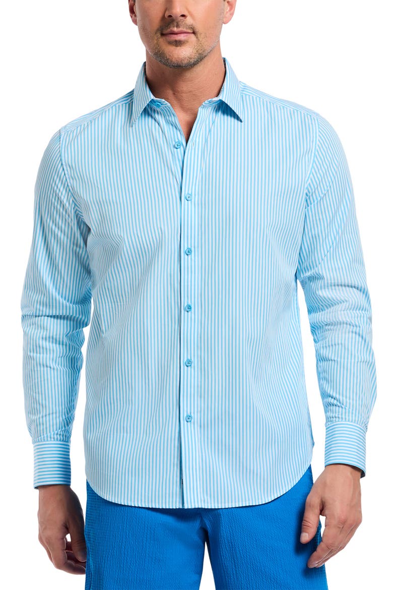 Greenwich Stripe Stretch Button-Up Shirt, Main, color, AQUA