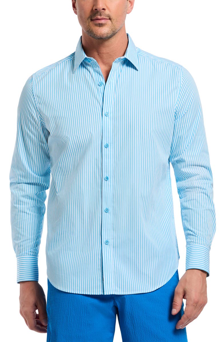 Robert Graham Greenwich Stripe Stretch Button-Up Shirt, Main, color, Aqua