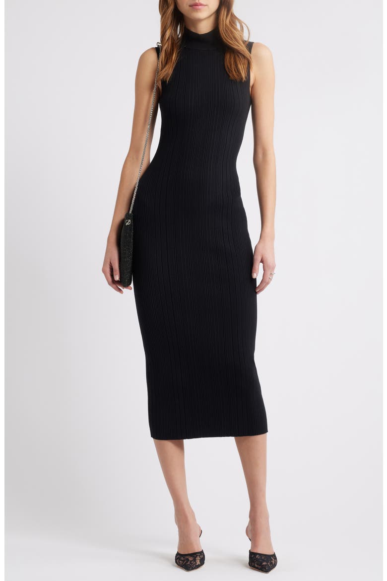Sculpt Mock Neck Rib Midi Dress, Main, color, BLACK