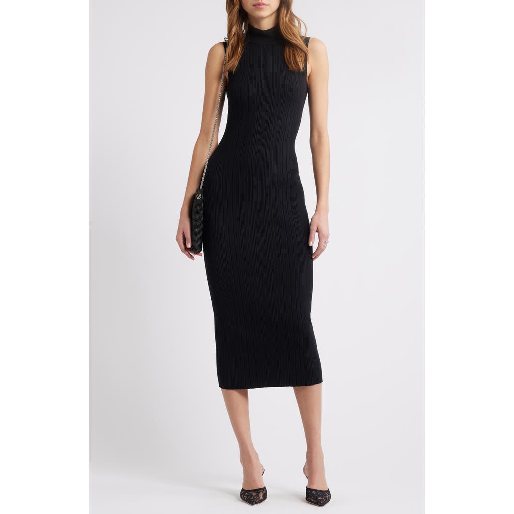 Open Edit Sculpt Mock Neck Rib Midi Dress In Black
