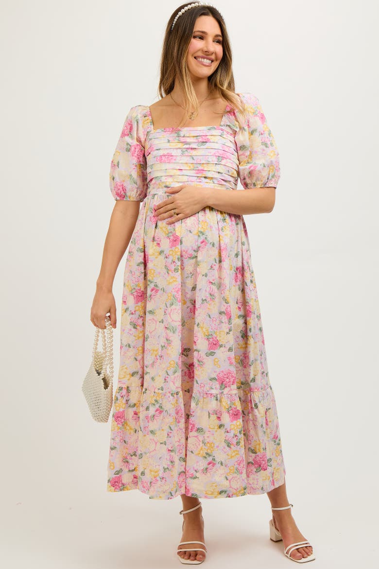 Floral Pleated Puff Sleeve Midi Dress, Alternate, color, Lavender