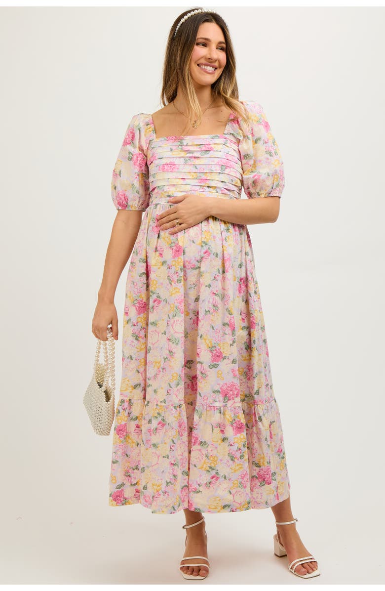 PinkBlush Floral Pleated Puff Sleeve Midi Dress, Alternate, color, Lavender