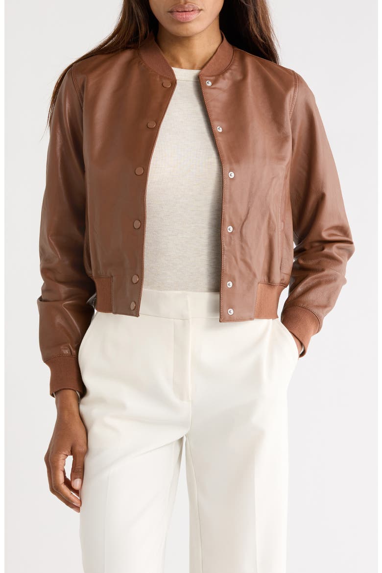 Riley Leather Bomber Jacket, Main, color, COGNAC BROWN
