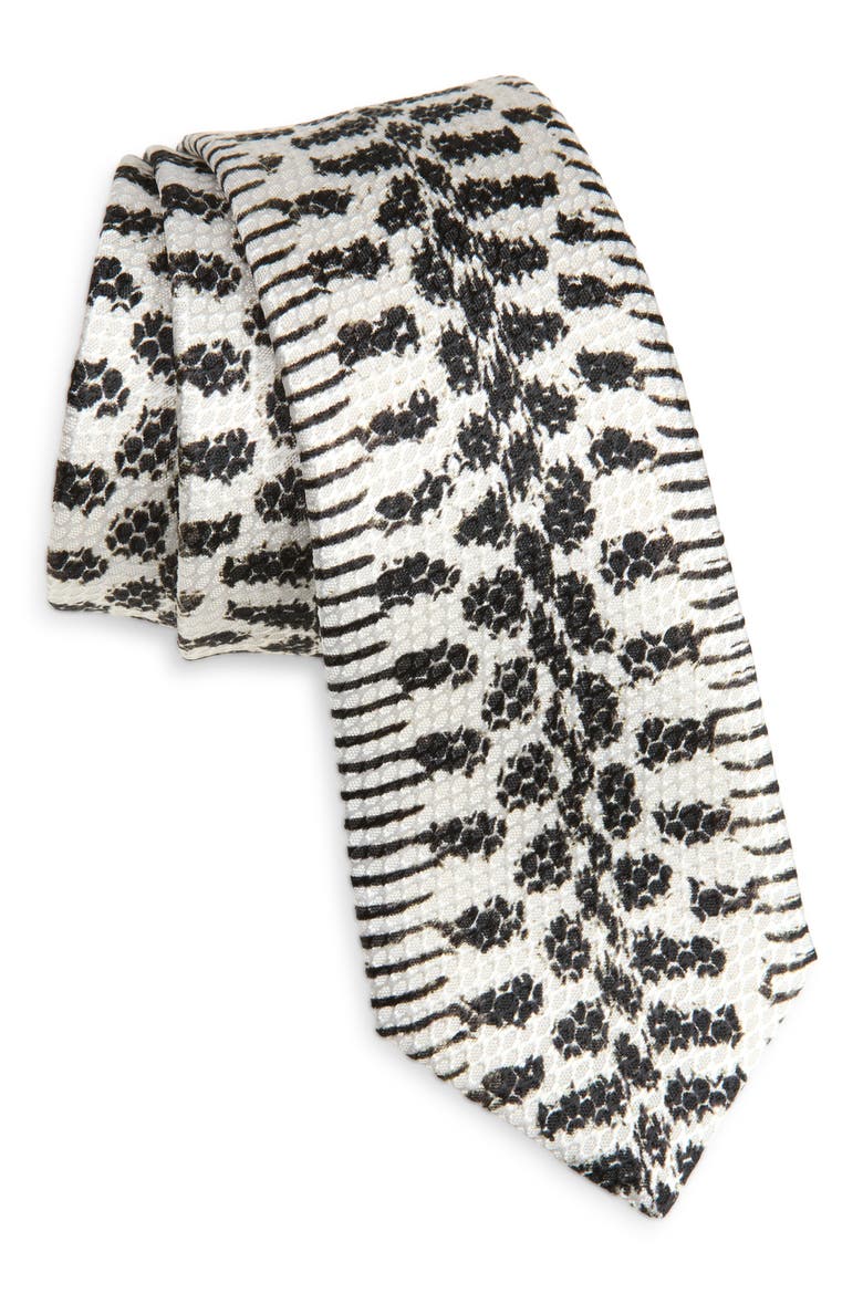 Snake Print Silk Skinny Tie, Main, color, WHITE/ BLACK