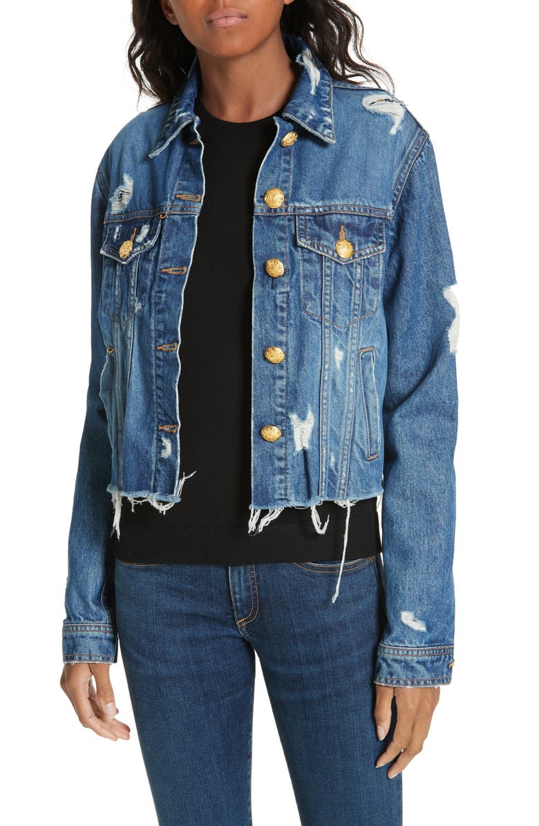 Veronica Beard Cara Distressed Denim Jacket, Main, color,