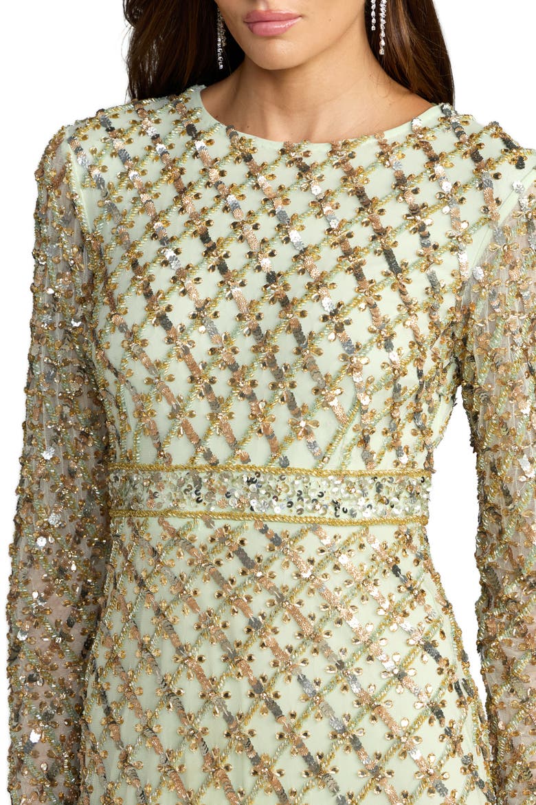 Long Sleeve High Neck Beaded Gown with Lattice Detailing, Alternate, color, Sage