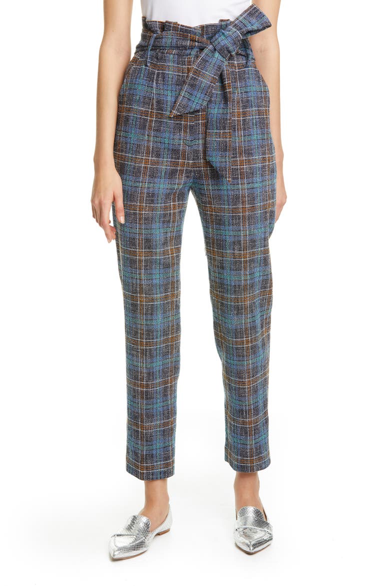 Clerence Plaid Tweed High Waist Crop Paperbag Waist Pants, Main, color, BLUE MULTI