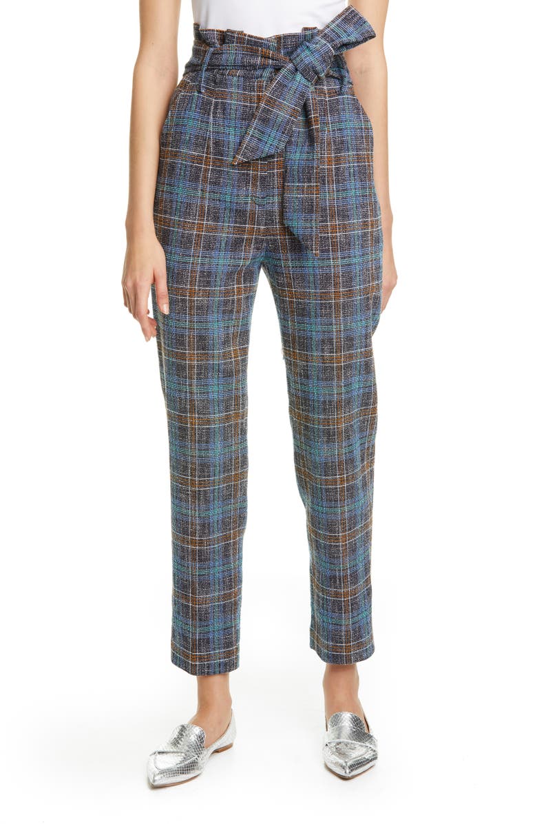 Veronica Beard Clerence Plaid Tweed High Waist Crop Paperbag Waist Pants, Main, color, 